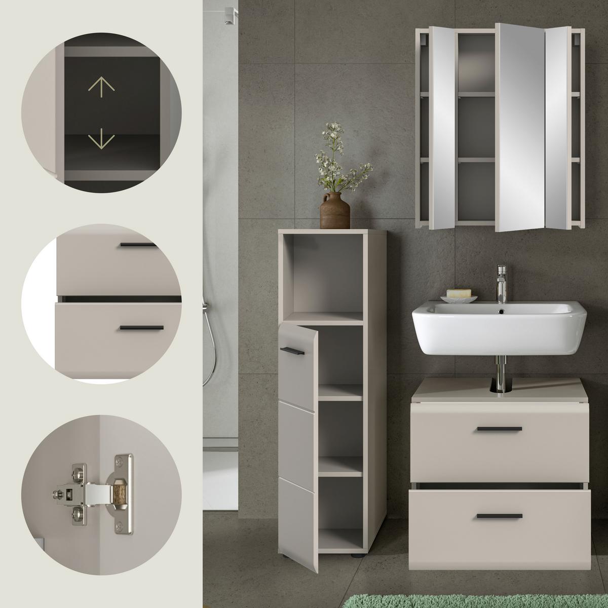 Badezimmer Ice Kaschmir B: 90cm - Kaschmir/Schwarz, Trend, Glas/Holzwerkstoff (90cm) - MID.YOU