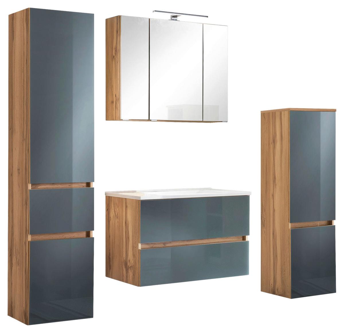Badmöbel-set 6-tlg. Inkl. Led Helsinki, Grau/eiche Dekor - Eichefarben/Weiß, KONVENTIONELL, Glas/Holzwerkstoff (160cm) - Held