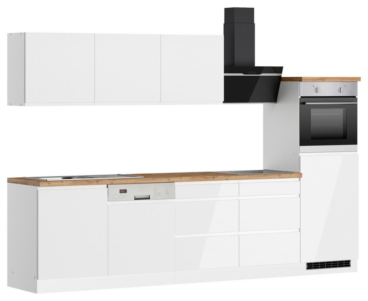 Küchenzeile Monza mit Geräten B: 300 cm Weiß/Eiche Dekor - Weiß Hochglanz/Eiche Wotan, LIFESTYLE, Holzwerkstoff (300cm) - Held