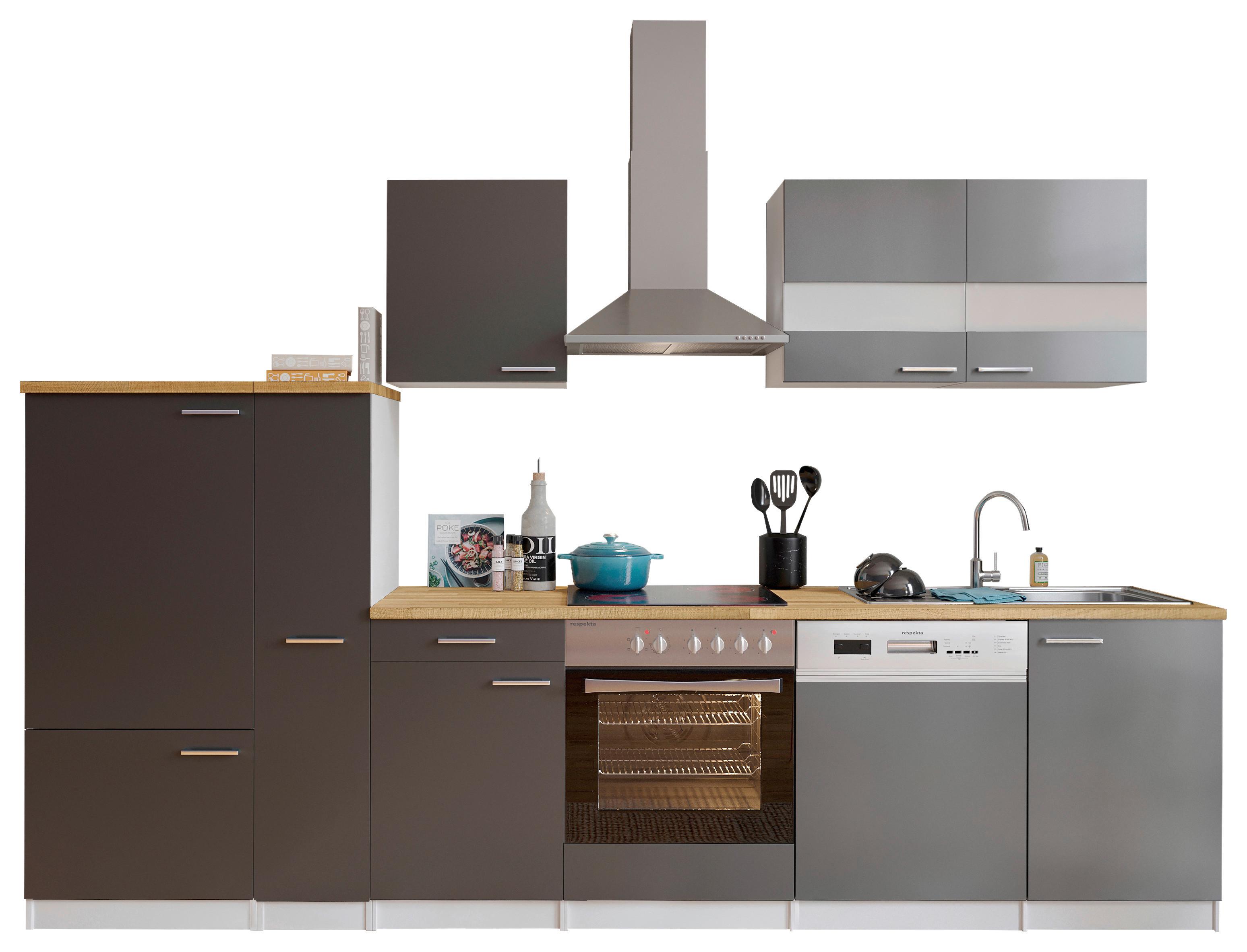 Küchenzeile ohne Geräte B: 310 cm Weiß/Grau/Nussbaum Dekor - Nussbaumfarben/Weiß, Basics, Holzwerkstoff (310cm) - Respekta