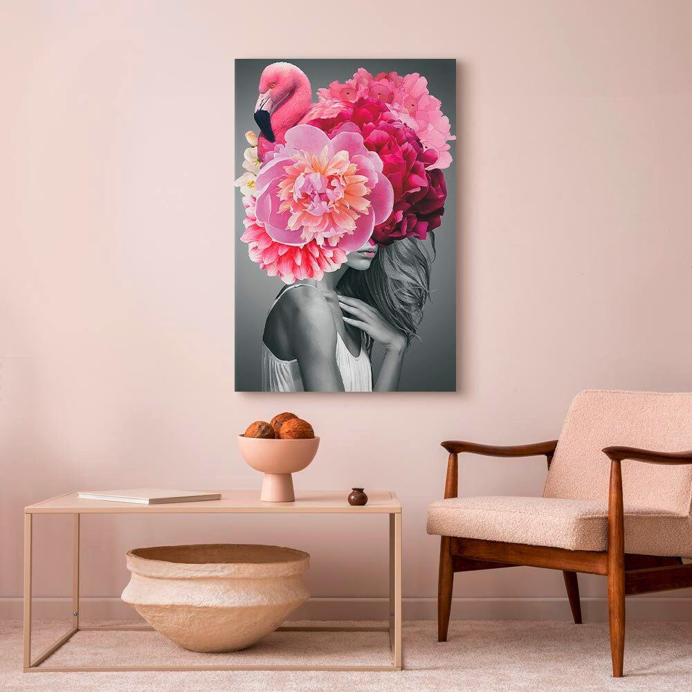 Leinwandbild Flamingo Girl Grau Pink B: 80 Cm - Pink/Grau, Basics, Holz/Textil (80/120/1,2cm) - artgeist