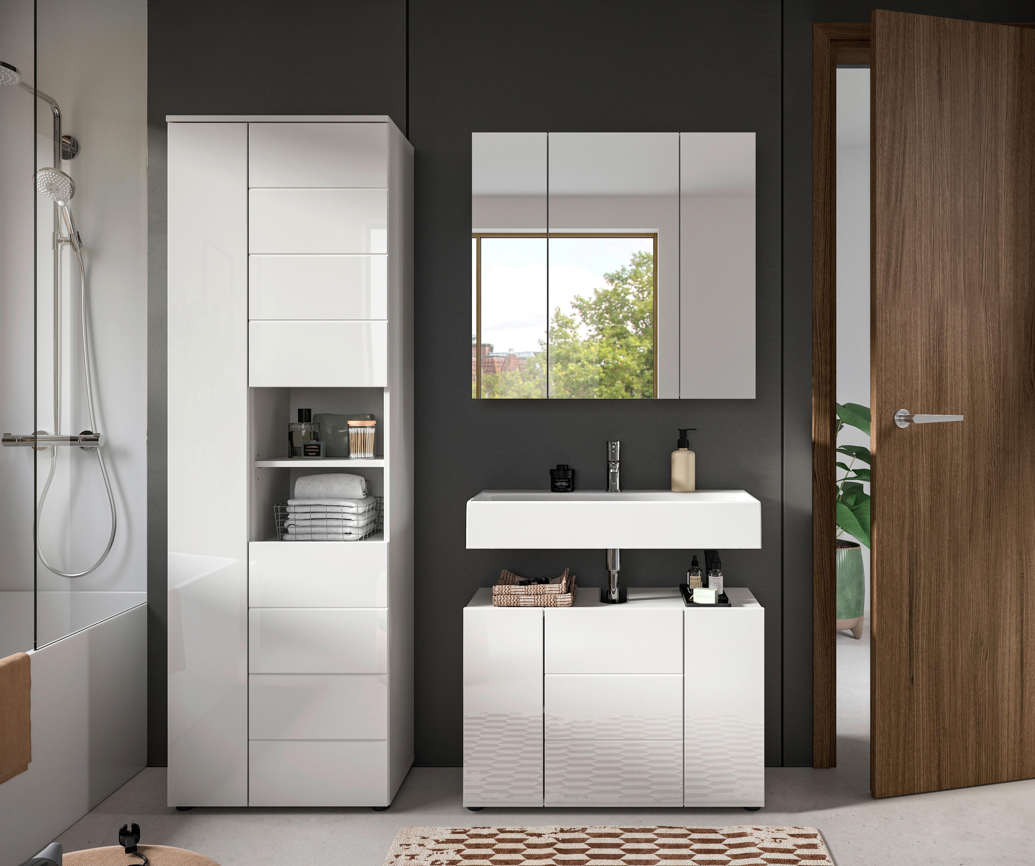 Badezimmer Vira Weiß B: 142 cm - Weiß Hochglanz/Schwarz, MODERN, Holzwerkstoff (142cm) - MID.YOU