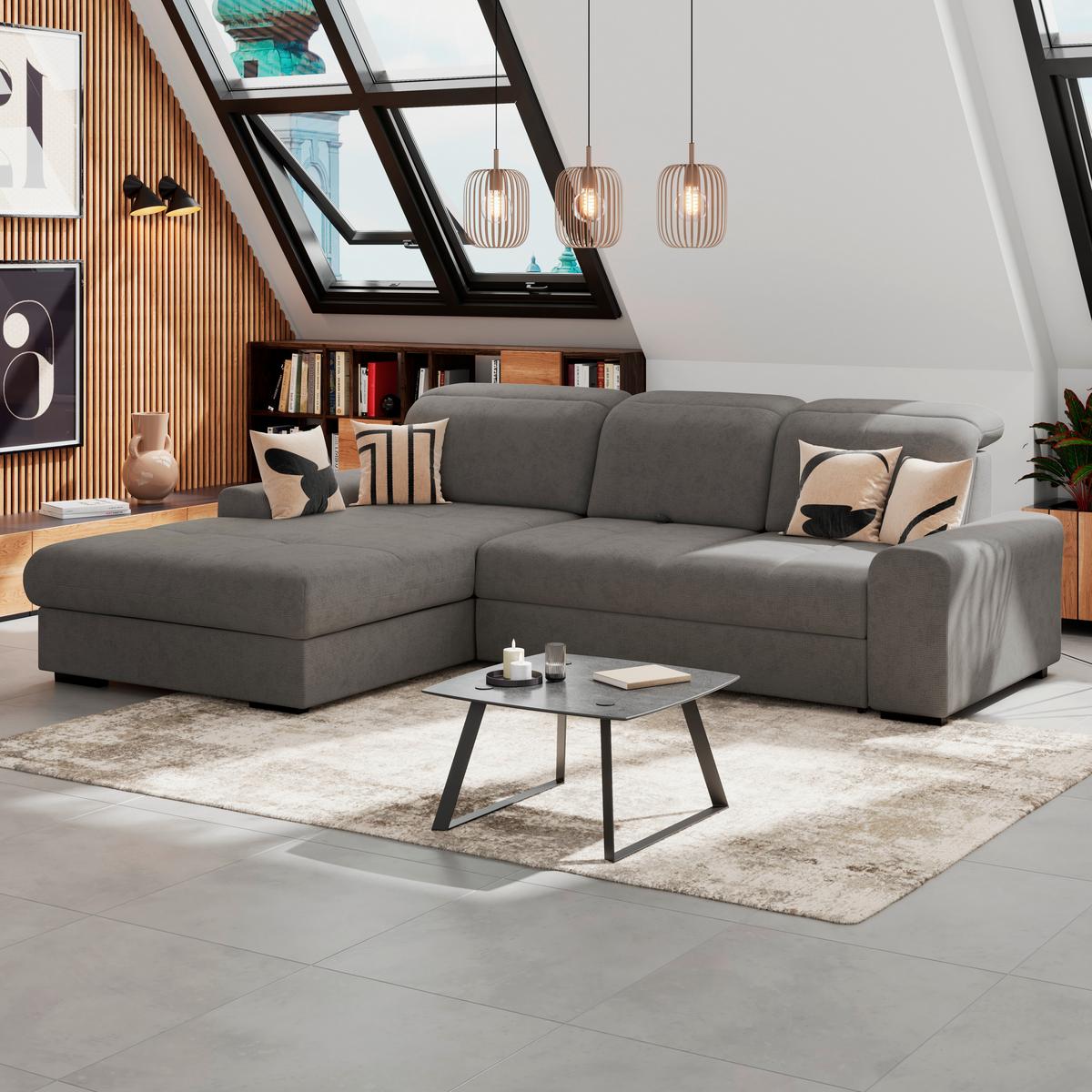 Ecksofa mit Bettfunktion Malaga new Chenille anthrazit - Anthrazit/Schwarz, KONVENTIONELL, Textil (203/286cm) - Ondega