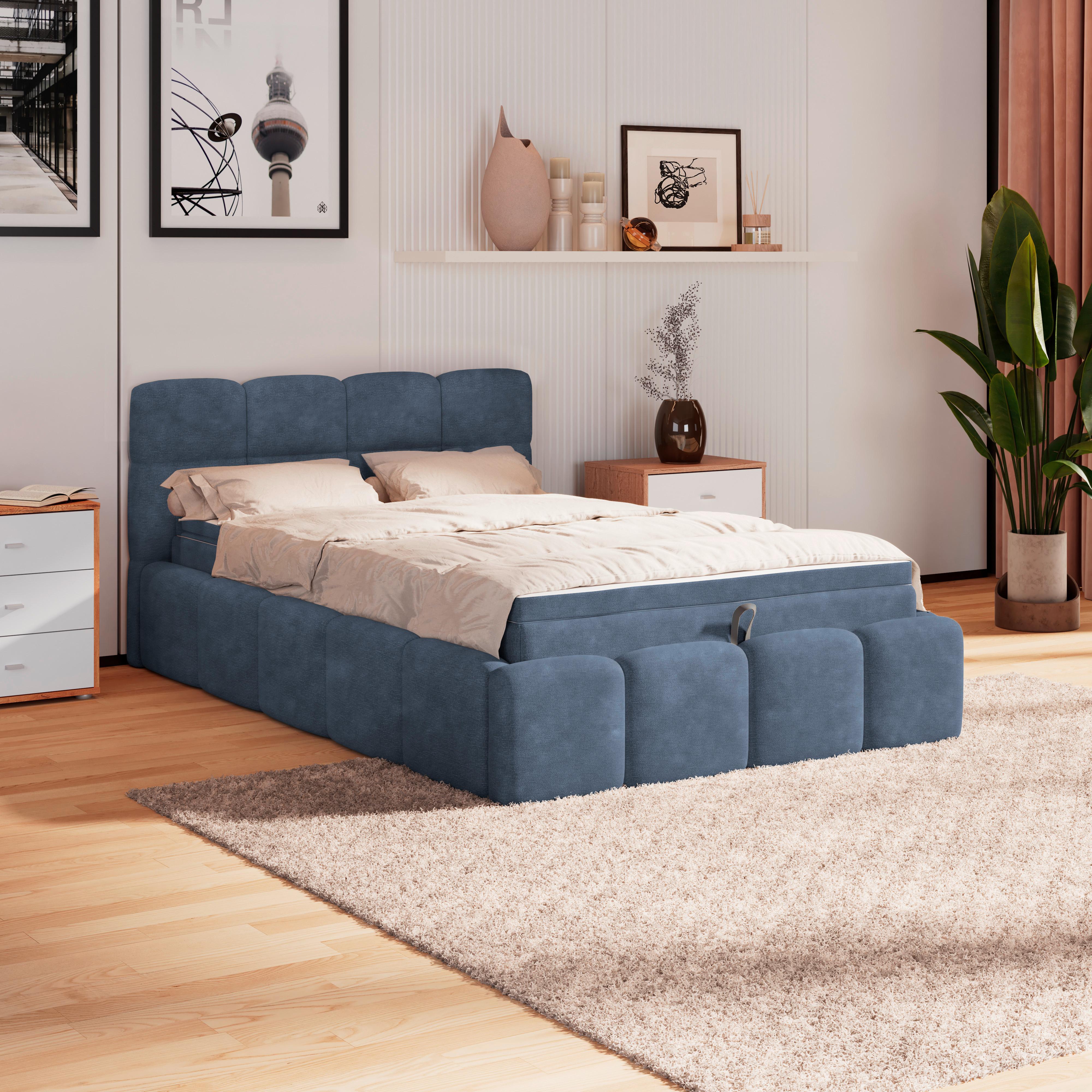 Polsterbett Noe Blau 140x200 cm - Blau/Schwarz, Trend, Textil/Metall (140/200cm)