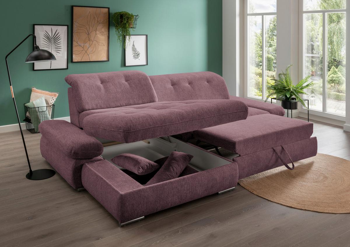 Ecksofa Mit Schlaffunktion Dalida Brombeere Chenille - Chromfarben/Brombeere, Design, Textil (196/300cm) - Livetastic
