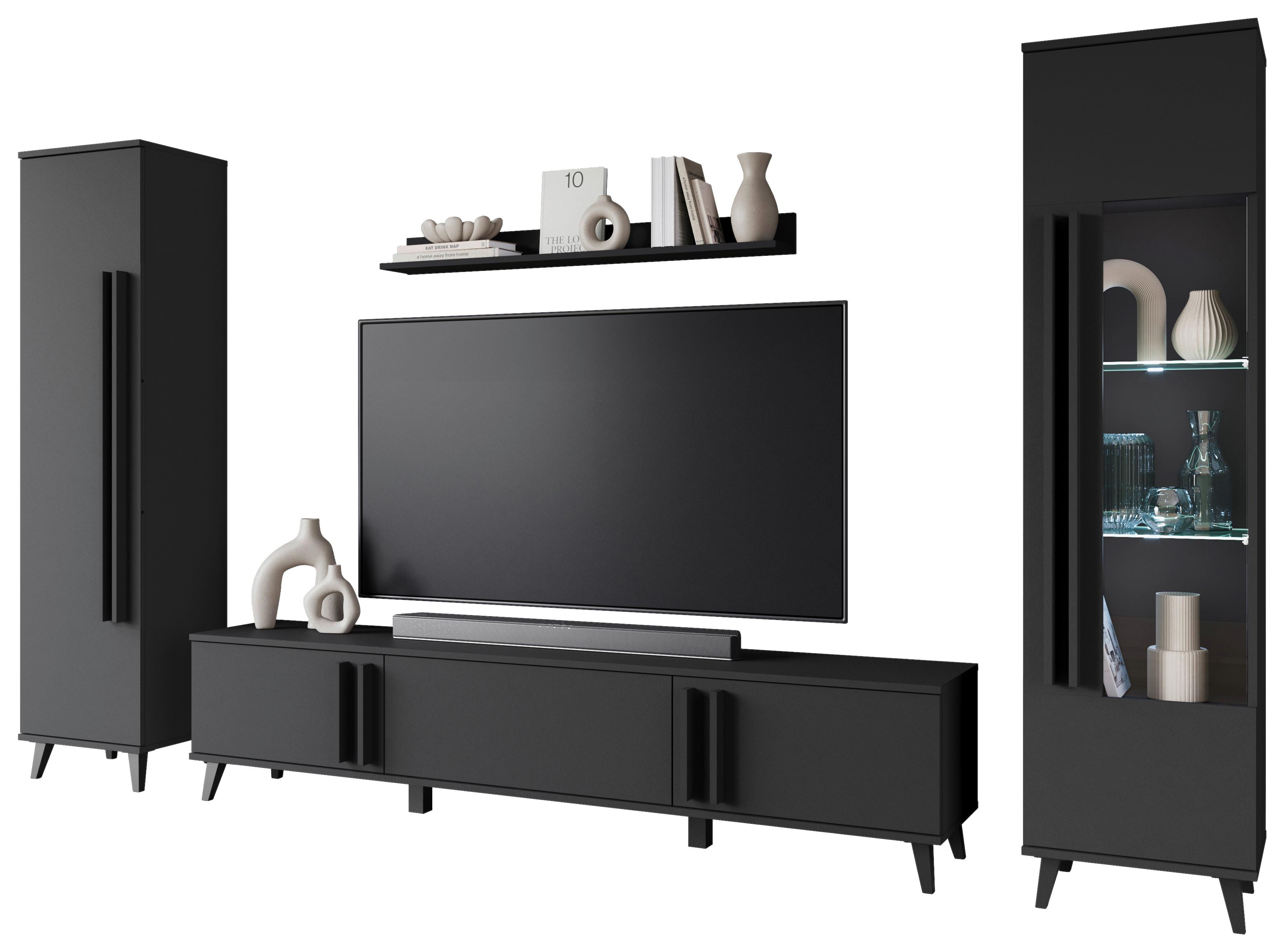 Wohnwand Helsinki 02 Schwarz B: 260 cm - Schwarz, Trend, Glas/Holzwerkstoff (260/159,5/33cm) - P & B