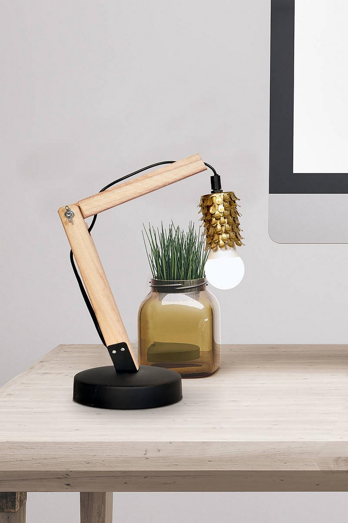 Tischlampe Rossa Goldfarben/ Braun/Schwarz - Hellbraun/Goldfarben, Trend, Holz/Metall (16/13/38,5cm) - Kayoom