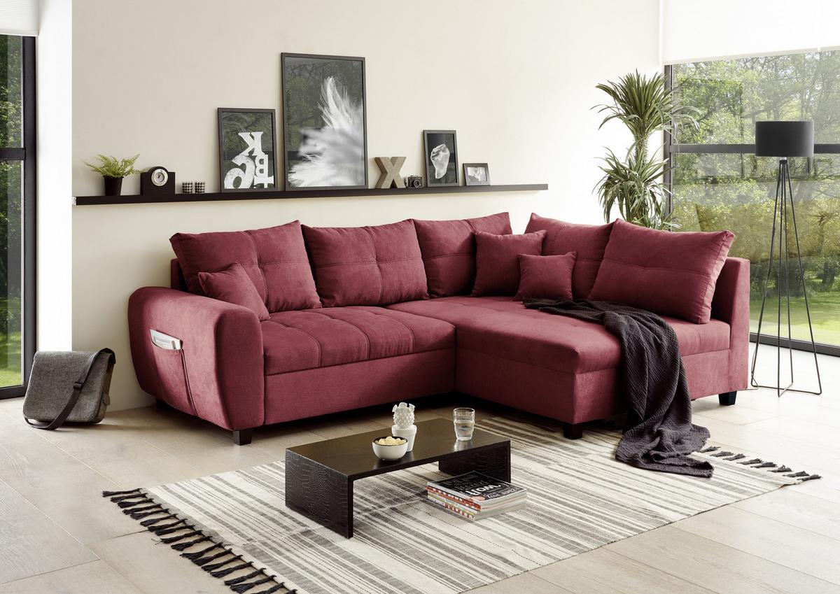 Ecksofa Mit Schlaffunktion + Kissen Lea, Polyester-Nylon - Beere/Schwarz, Basics, Holzwerkstoff/Textil (248/176cm) - MID.YOU