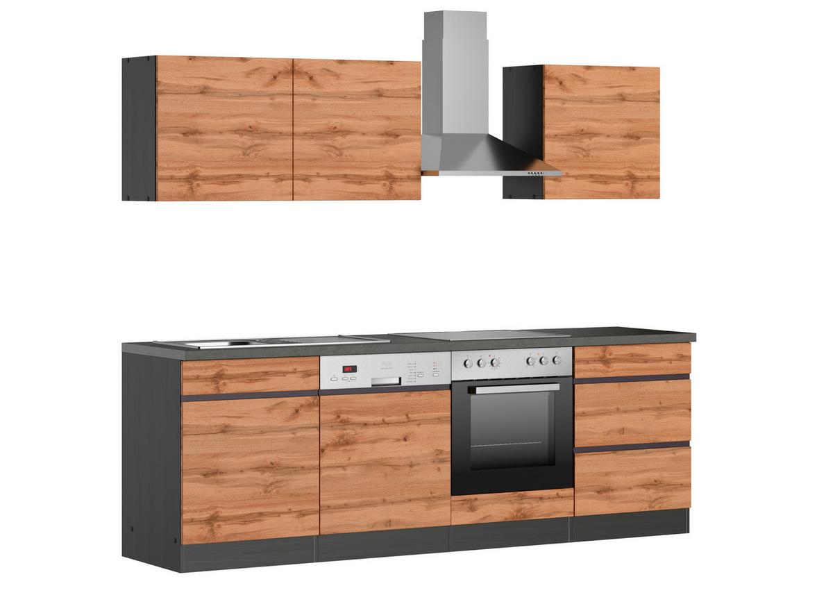Küchenzeile Turin Mit Geräte B: 240 Cm Graphit/eiche Dekor - Eiche Wotan/Graphitfarben, Design, Holzwerkstoff (240cm) - Held