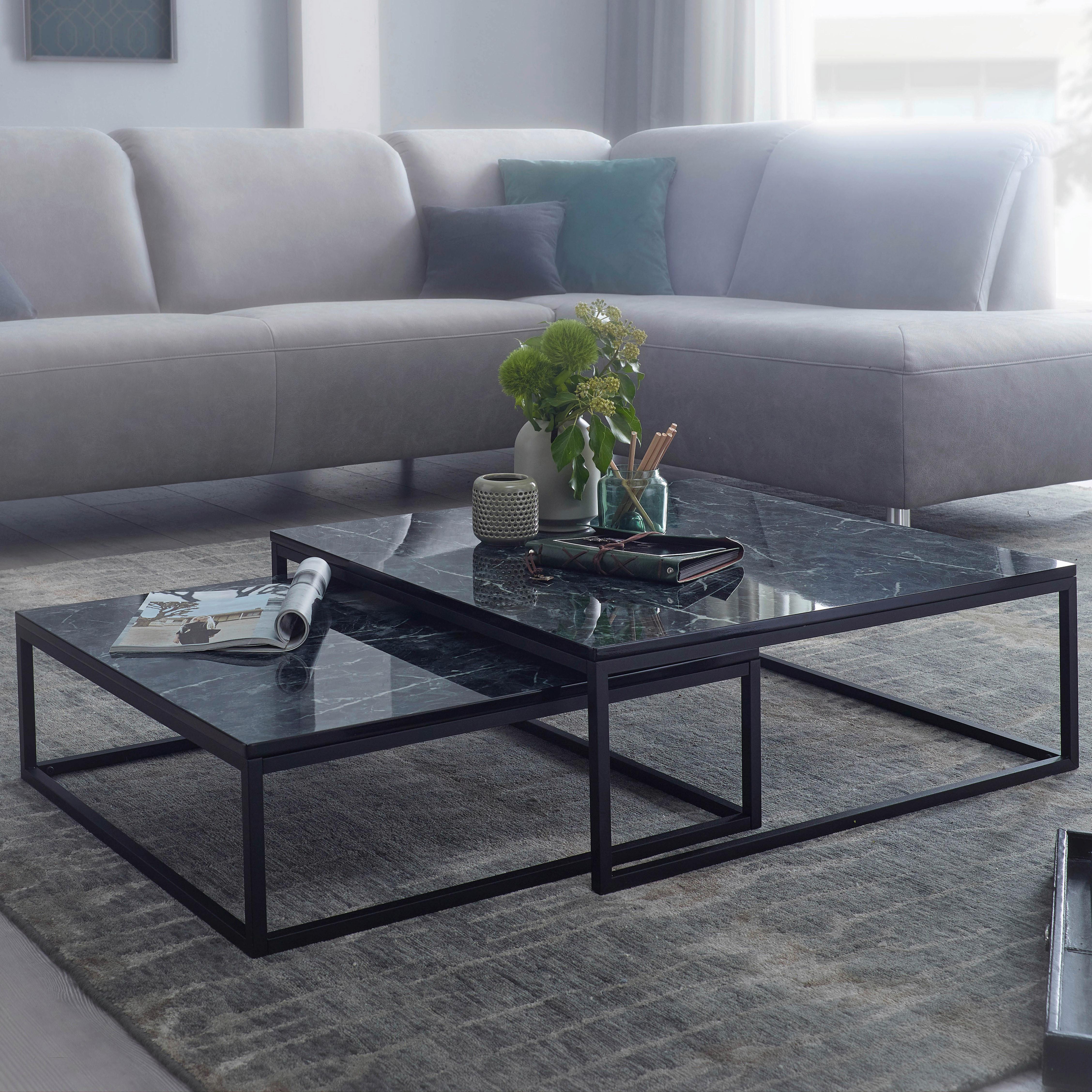 Couchtisch 2er-Set In Marmoroptik, Schwarz - Schwarz, KONVENTIONELL, Holzwerkstoff/Metall (75/75/27cm) - MID.YOU