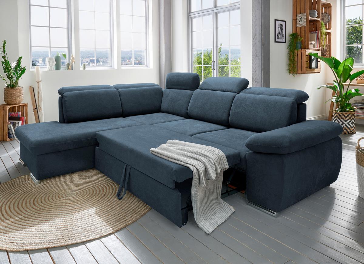 Ecksofa Vasto Dunkelblau S: 228x283 cm - Chromfarben/Dunkelblau, Design, Textil (228/283cm) - Livetastic