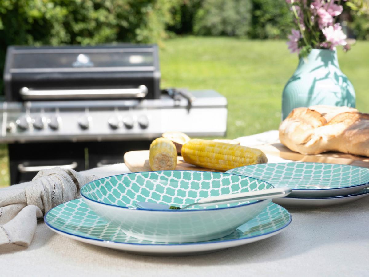 Tafelservice Keramik, Weiß/Petrol, 12--Teilig. - Petrol/Weiß, Basics, Keramik - Creatable