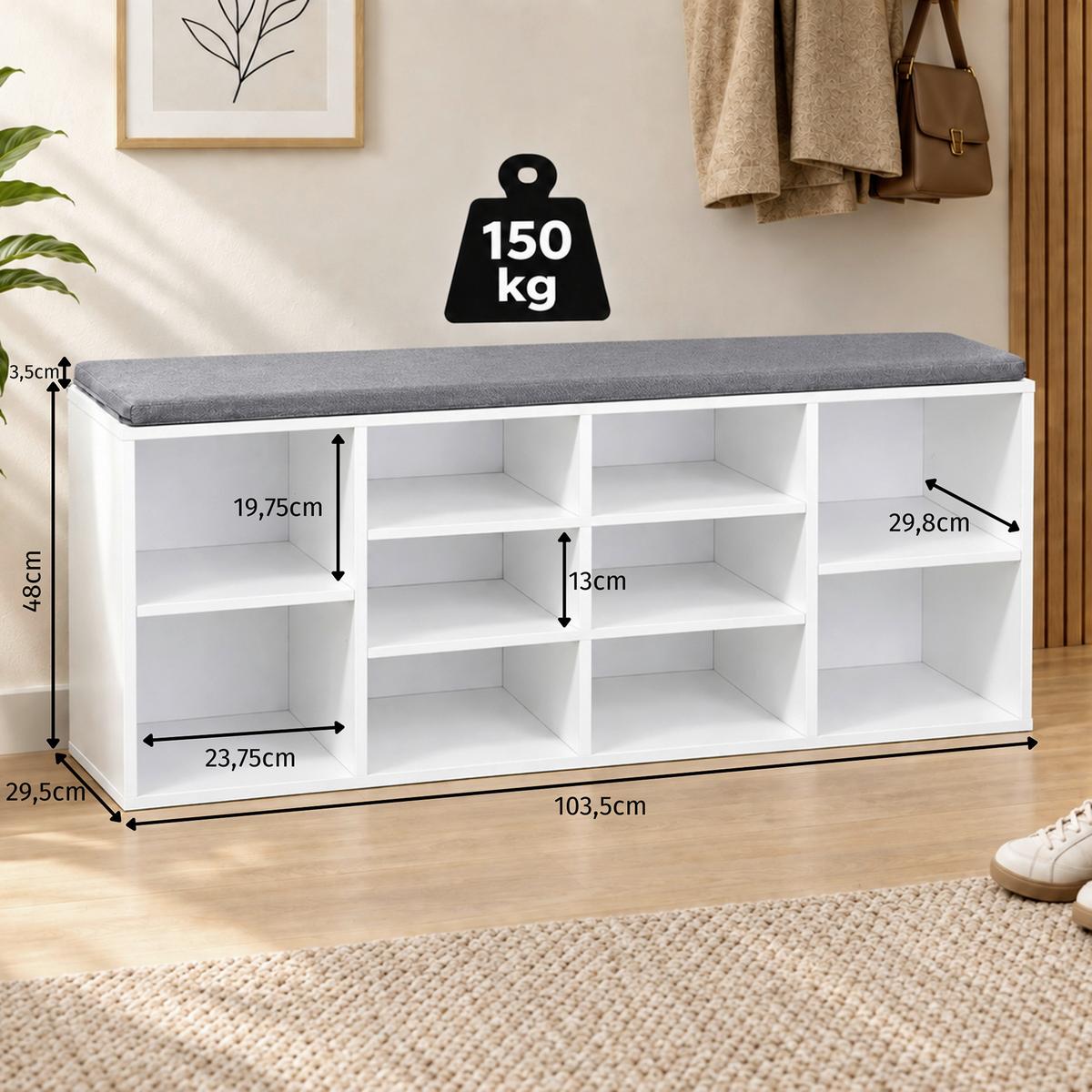 GARDEROBENBANK Weiß/Grau B: 103,5cm - Weiß/Grau, Basics, Holzwerkstoff/Textil (103,5/48/29,5cm) - Kesper