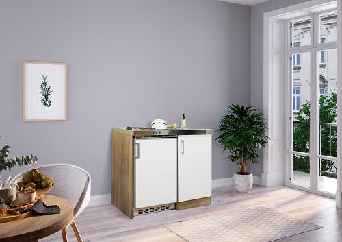 Miniküche mit Kühlschrank + Kochfeld 100 cm Weiß/Eiche - Edelstahlfarben/Weiß, MODERN, Holzwerkstoff/Metall (100cm) - Respekta
