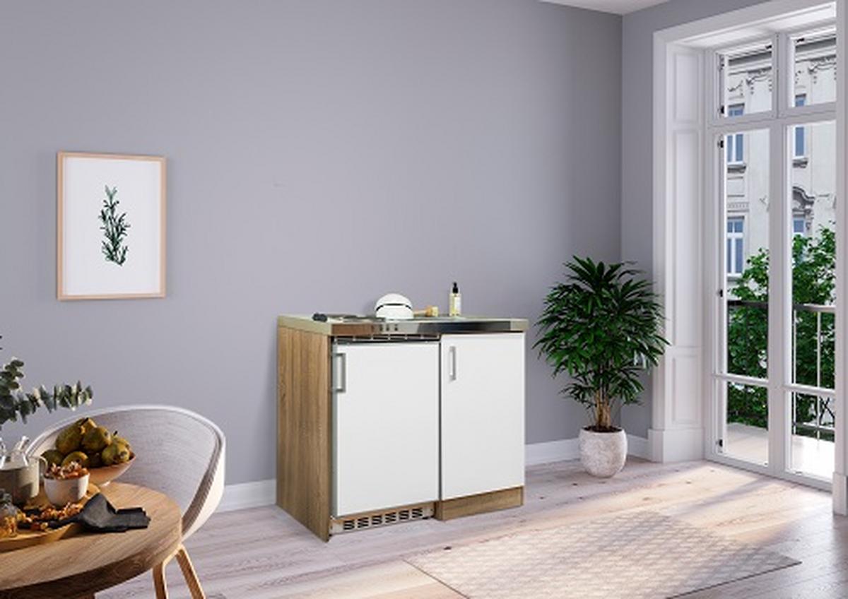 Miniküche M. Kühlschrank + Kochfeld 100 Cm Weiß/eiche - Edelstahlfarben/Weiß, MODERN, Holzwerkstoff/Metall (100cm) - Respekta