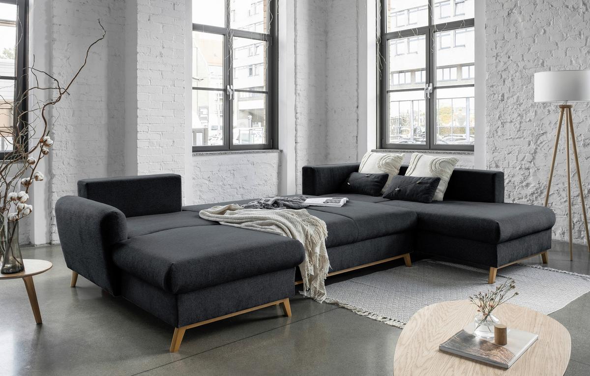 Sedačka LUCILE U, pravá, tm.šedá, úl.prostor a lůžko - tmavě šedá/přírodní barvy, dřevo/textil (157/312/202cm) - MID.YOU