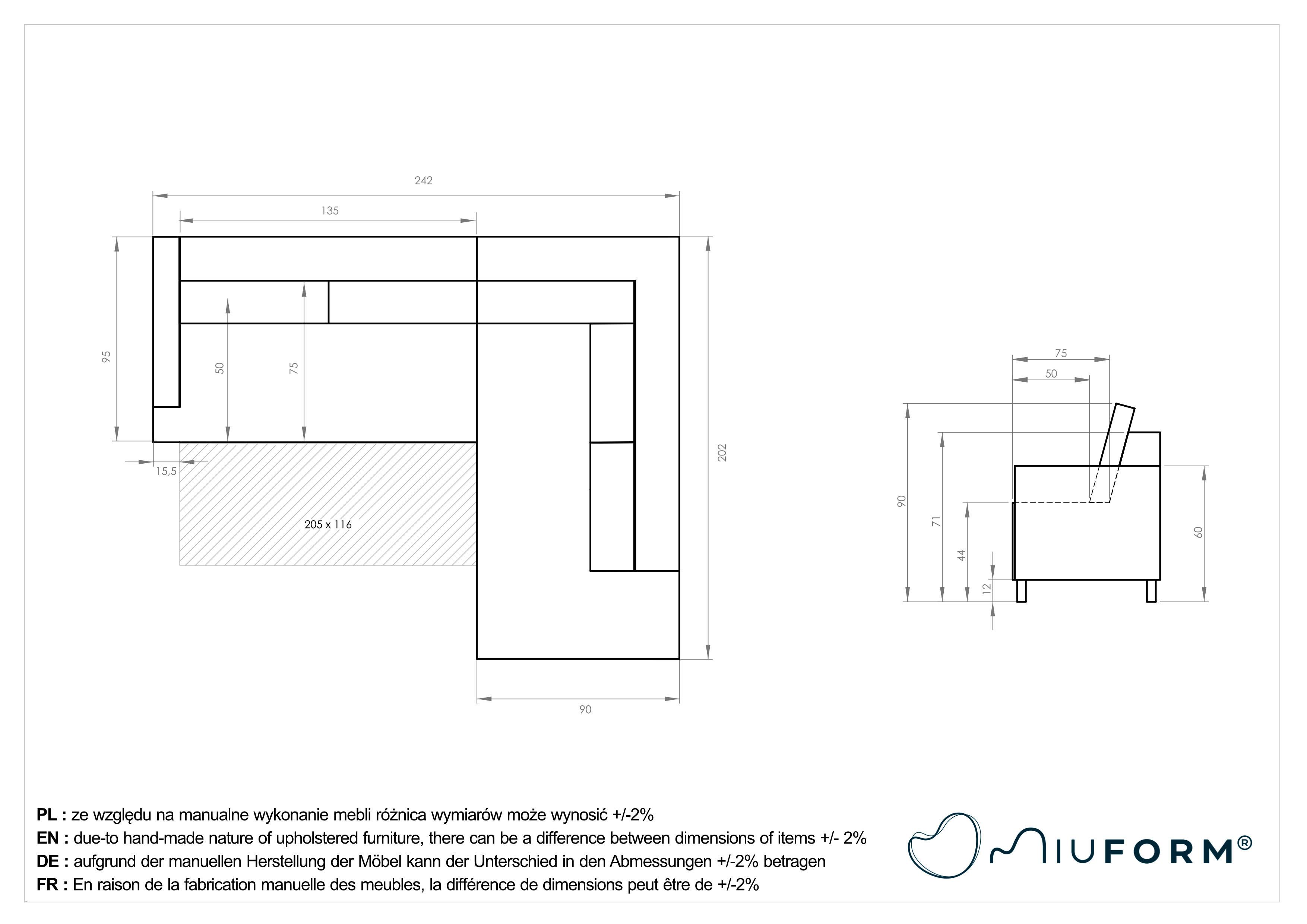 Sedačka LUCILE L, pravá, sv.sivá, úl.priestor a lôžko - prírodná farba/svetlosivá, drevo/textil (242/202cm) - MID.YOU