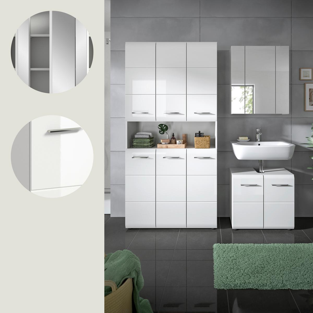 Badezimmer Ice Weiß/Weiß Hg B: 150 cm - Weiß Hochglanz/Schwarz, MODERN, Holzwerkstoff (150/185/30cm) - MID.YOU