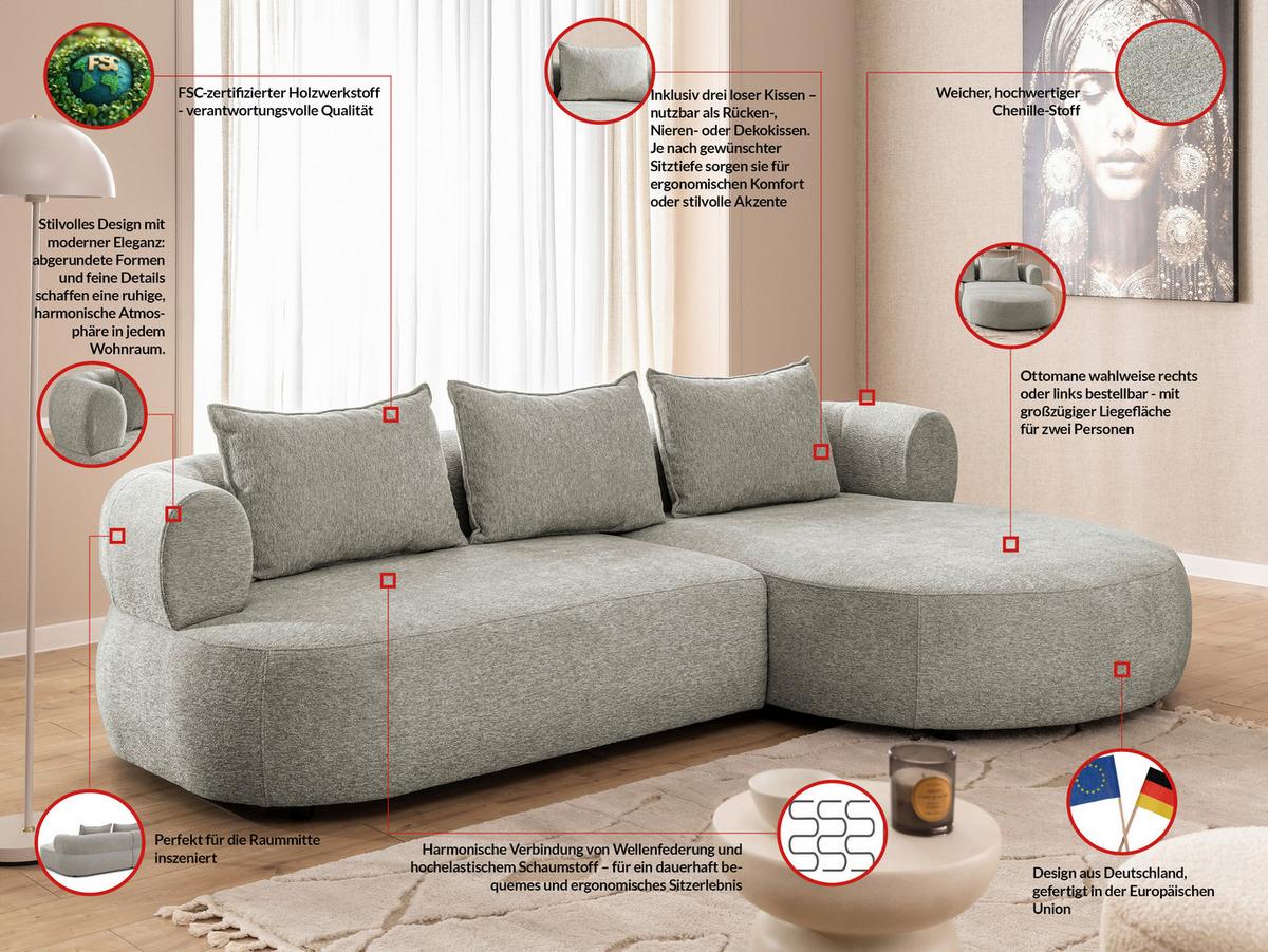 Ecksofa Ferro Hellgrau S: 256x156 cm - Hellgrau/Schwarz, Design, Textil (256/156cm) - Livetastic