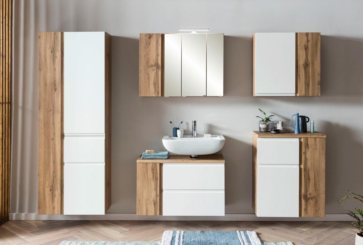 Waschbeckenunterschrank Varese B: 85 Cm Wotaneiche Dekor/weiß - Eiche Wotan/Weiß, MODERN, Holzwerkstoff (85/56/35cm) - Held