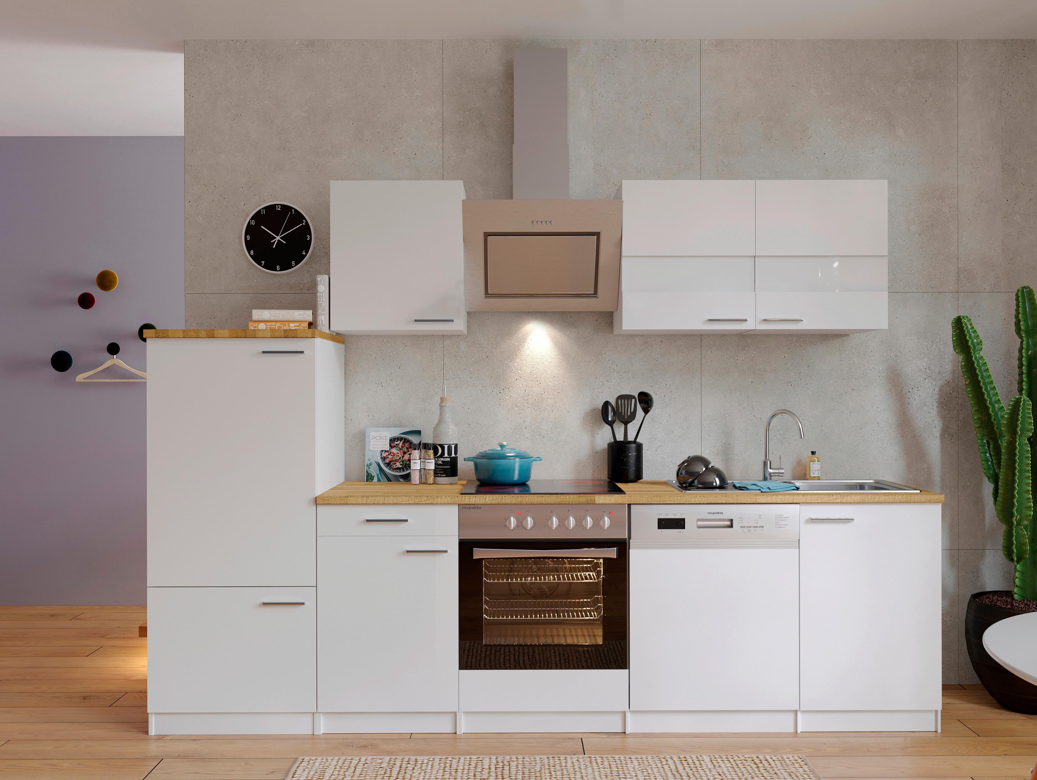 Küchenzeile Economy mit Geräten 280 cm Weiß/ Nussbaum Dekor