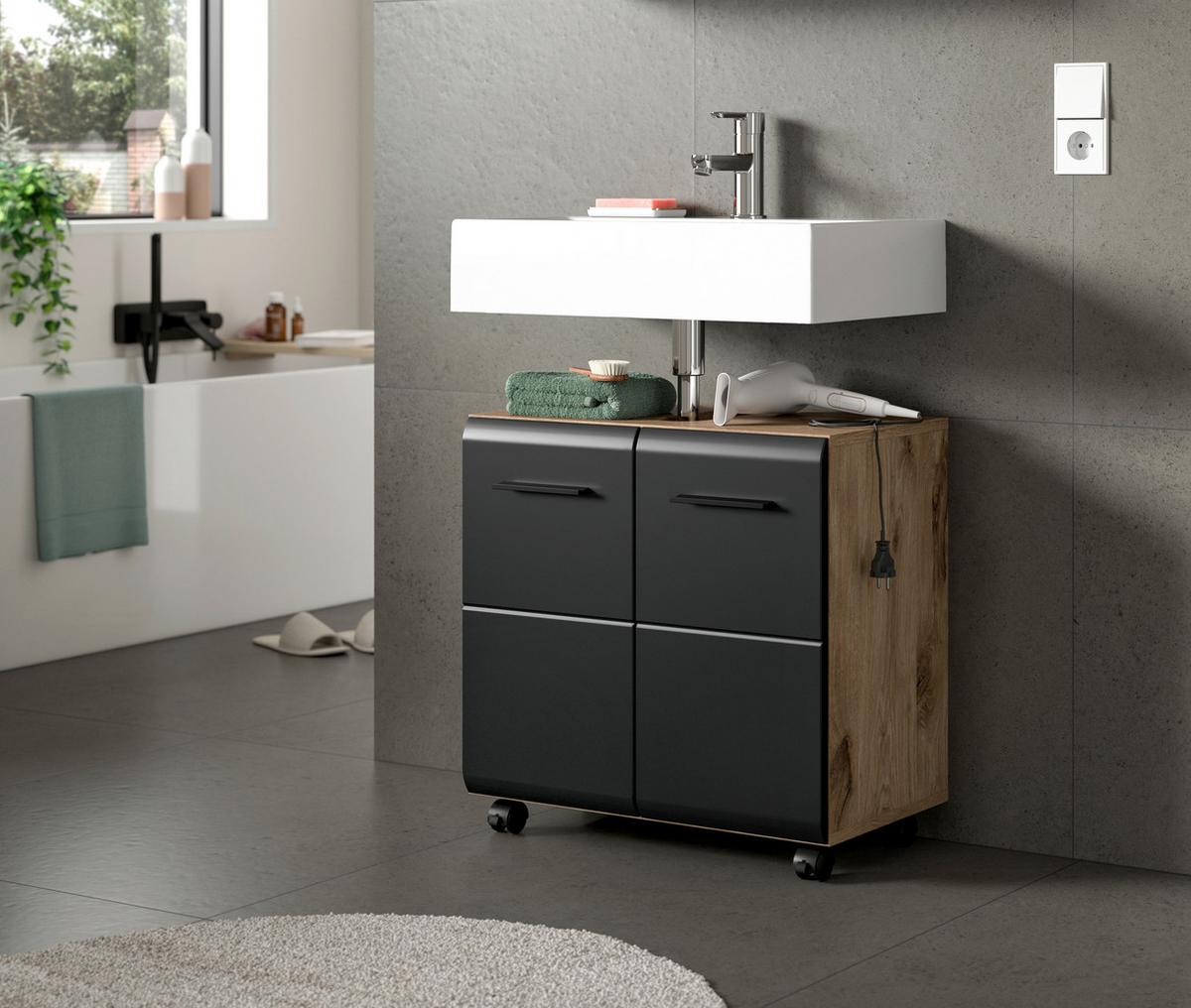 Waschbeckenunterschrank Ice Schwarz/Eiche Dekor B: 60cm - Eiche dunkel/Schwarz, Trend, Holzwerkstoff (60/58/30cm) - MID.YOU