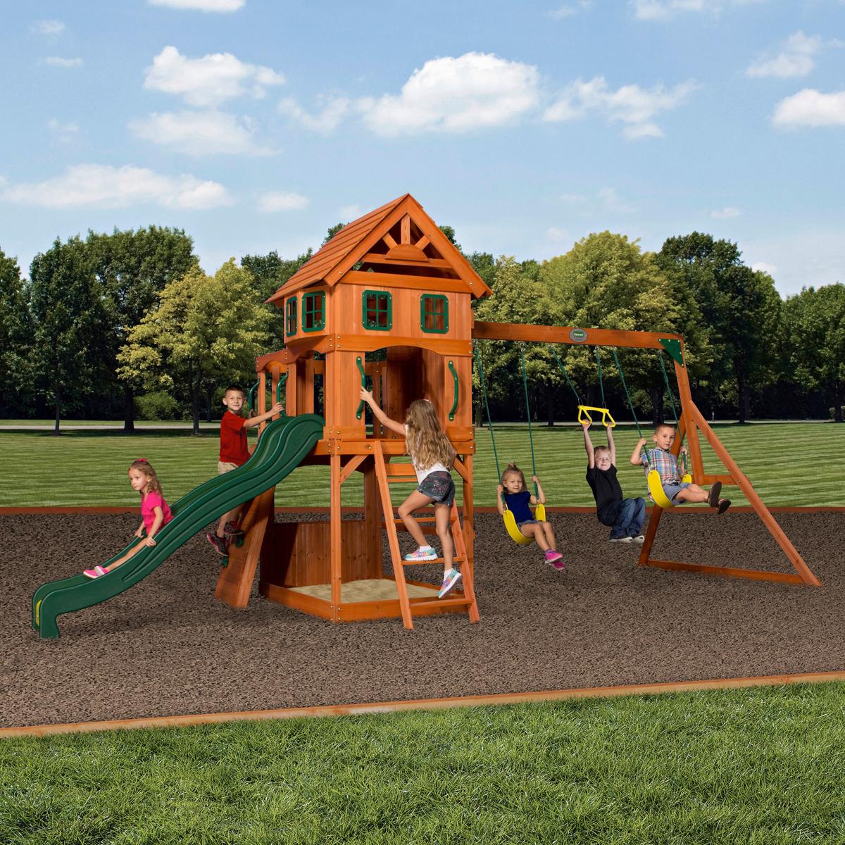 Spielturm Atlantic Aus Zedernholz Massiv - Dunkelgrün/Gelb, Basics, Holz/Kunststoff (551,2/284,5/236,2cm) - Ambia Garden