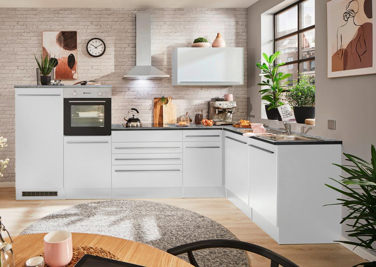 Eckküche Jazz 4 Weiß mit E-Geräten - Weiß Hochglanz/Anthrazit, Basics, Holzwerkstoff (320/175cm) - MID.YOU