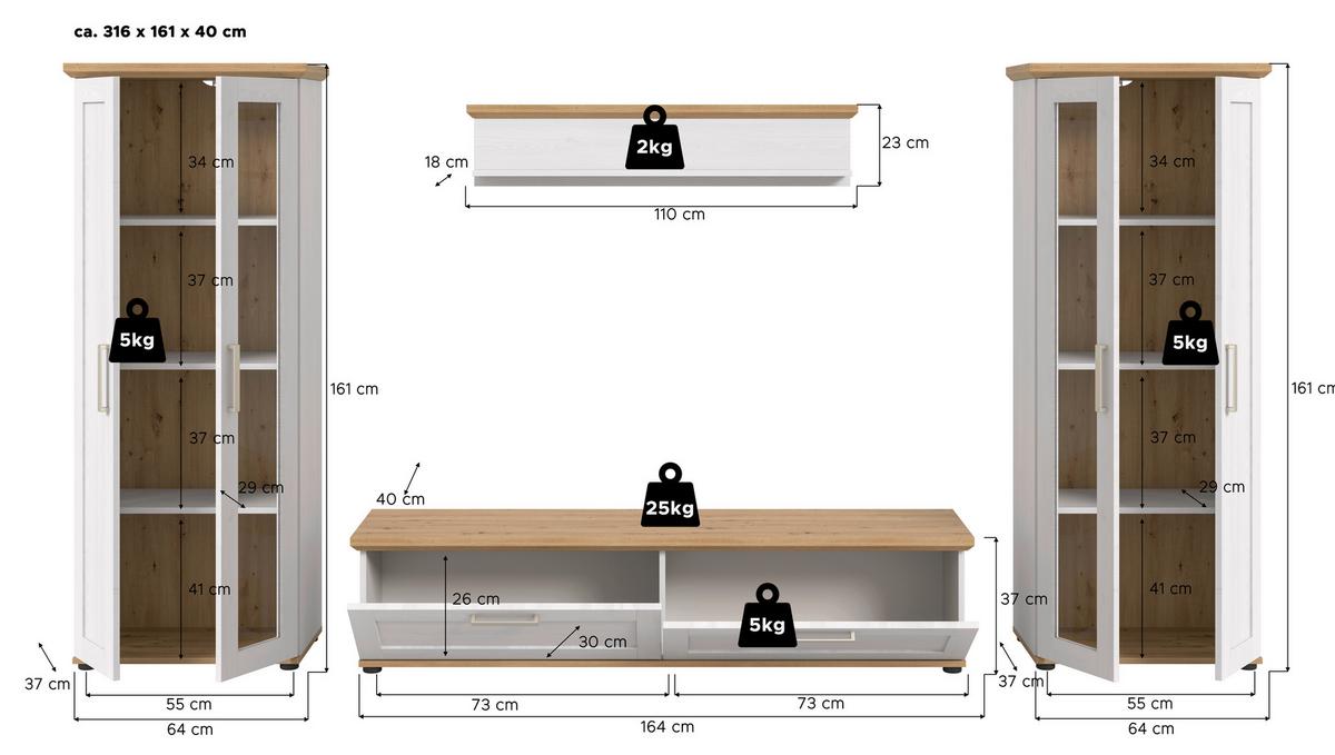 Wohnwand Verona Lärchefarben /Eiche Dekor B: 316cm - Lärchefarben/Eiche Artisan, Design, Holzwerkstoff (316/161/40cm) - Livetastic