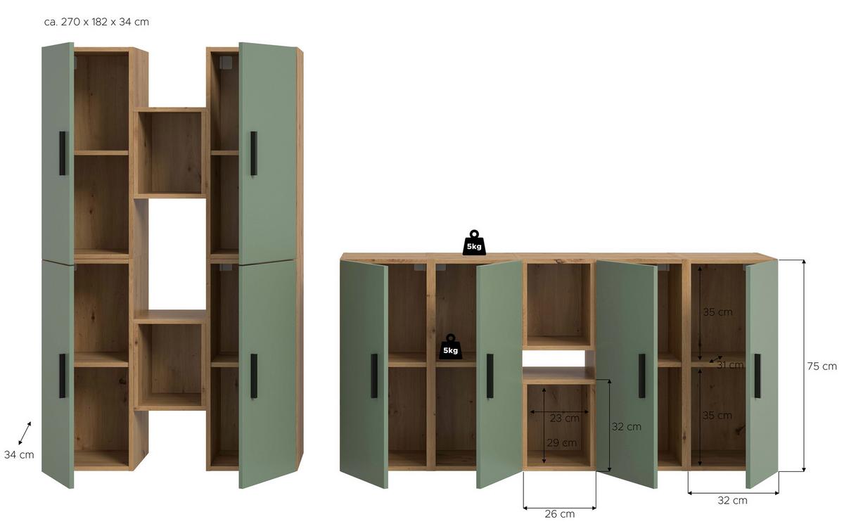 Wohnwand, The ONE 5, B: 270 cm Olivgrün/Artisan Eiche Dekor - Schwarz/Weiß, Trend, Holzwerkstoff (270/182/34cm)