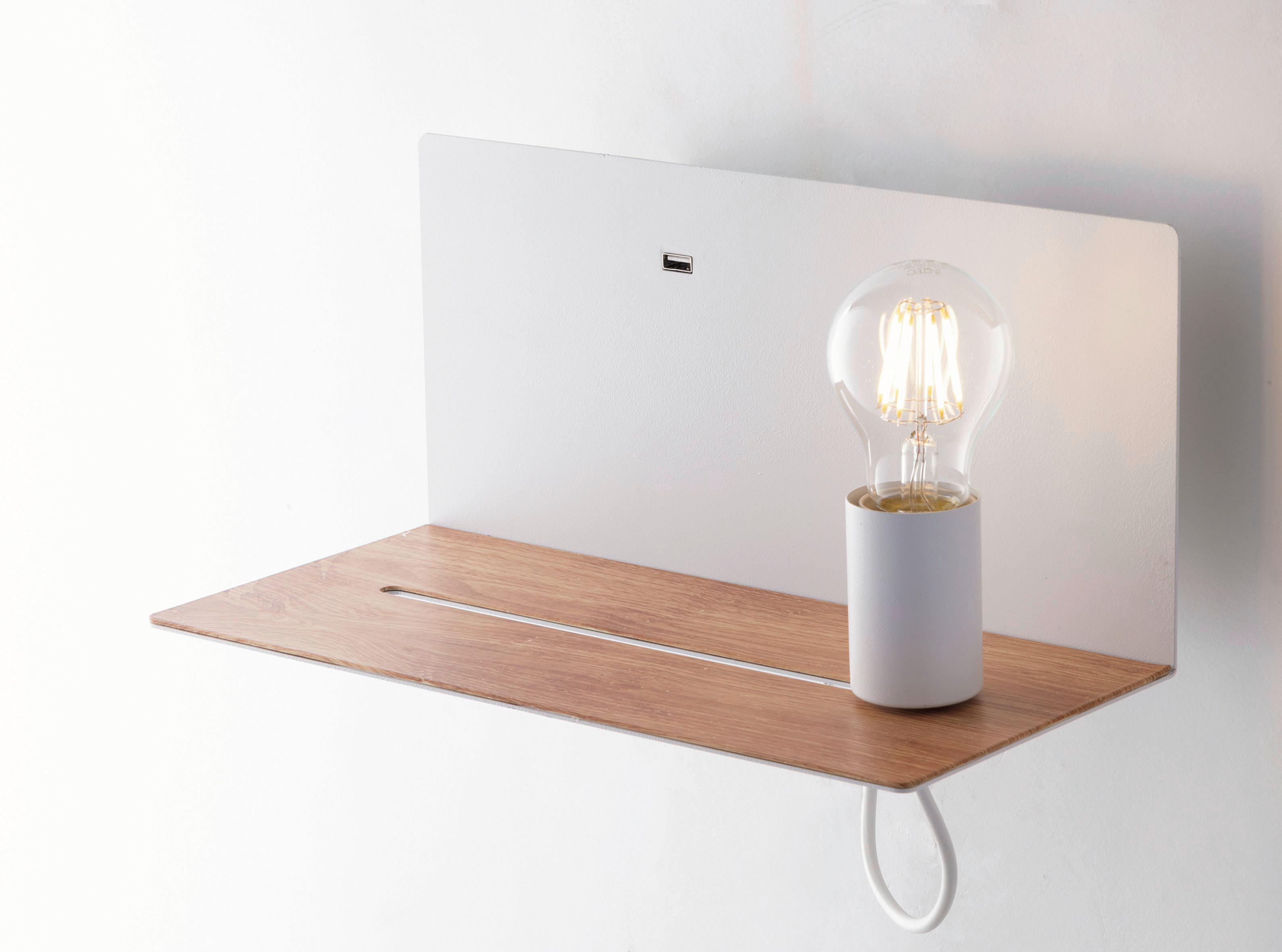 Wandleuchte Flash 1-Flammig Kippschalter + USB-Anschluss - Eichefarben/Weiß, Basics, Metall (15/33/18cm)