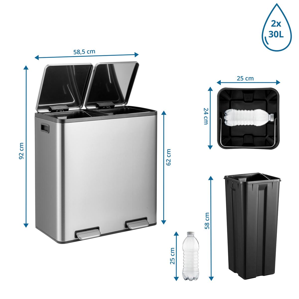 ABFALLEIMER Clean Silberfarben B: 58,5cm - Silberfarben/Schwarz, MODERN, Kunststoff/Metall (58,5/62/32cm) - MID.YOU