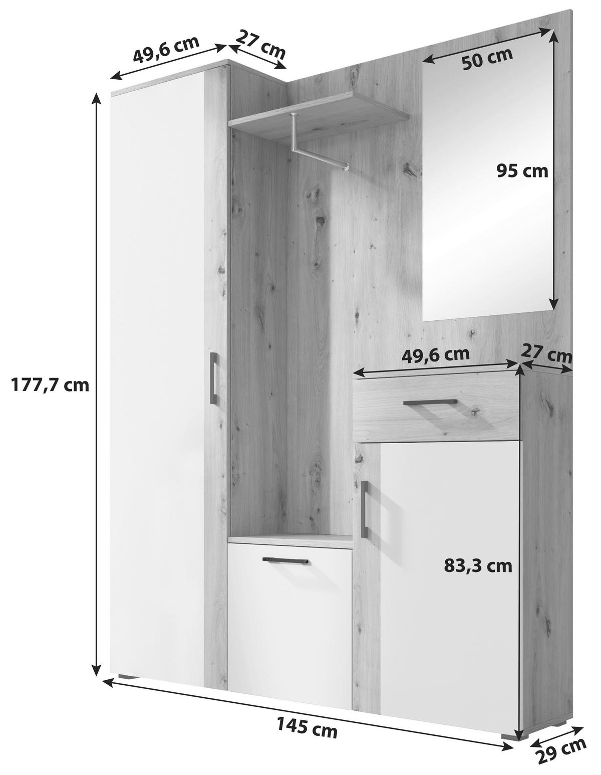 Garderobe Trio Eiche Dekor / Weiß B: 145 cm Mit Spiegel - Eichefarben/Weiß, Basics, Holzwerkstoff (145/184/29cm)