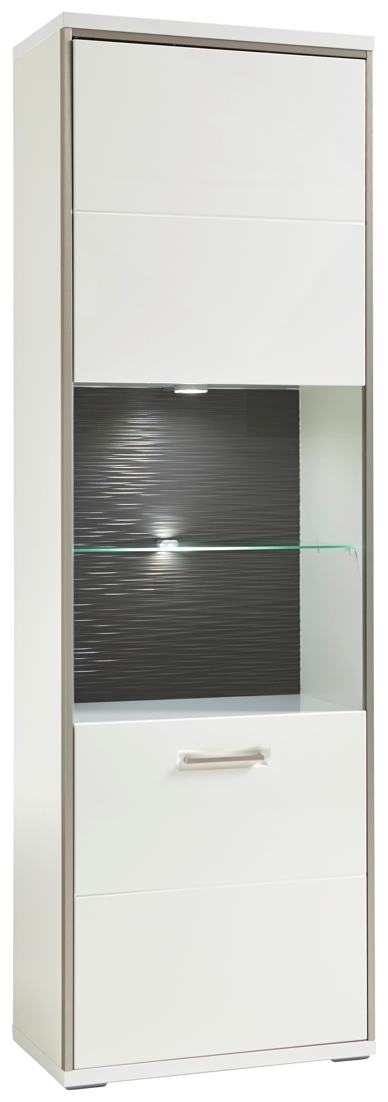Vitrine B: 64 cm Trento Grau/Silberfarben/Weiß - Weiß Hochglanz/Silberfarben, Design, Glas/Holzwerkstoff (64/201/38cm) - Livetastic