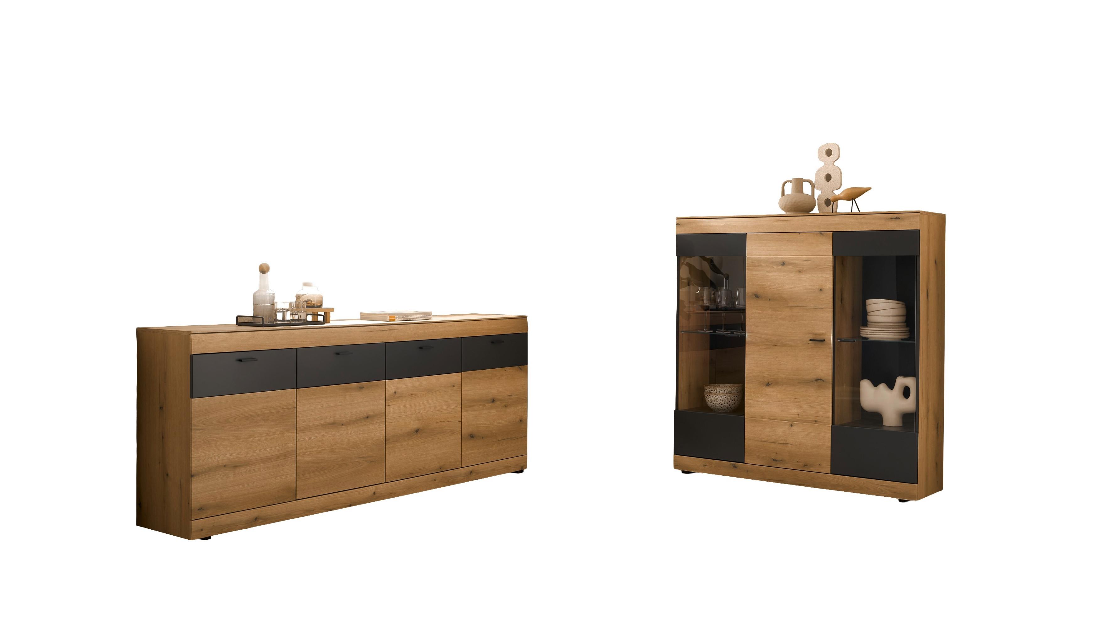 Wohnwand Soleto Graphit/Eiche B: 199,7 - Eichefarben/Schwarz, Design, Glas/Holzwerkstoff (199,7/86,2/42,4cm) - MID.YOU