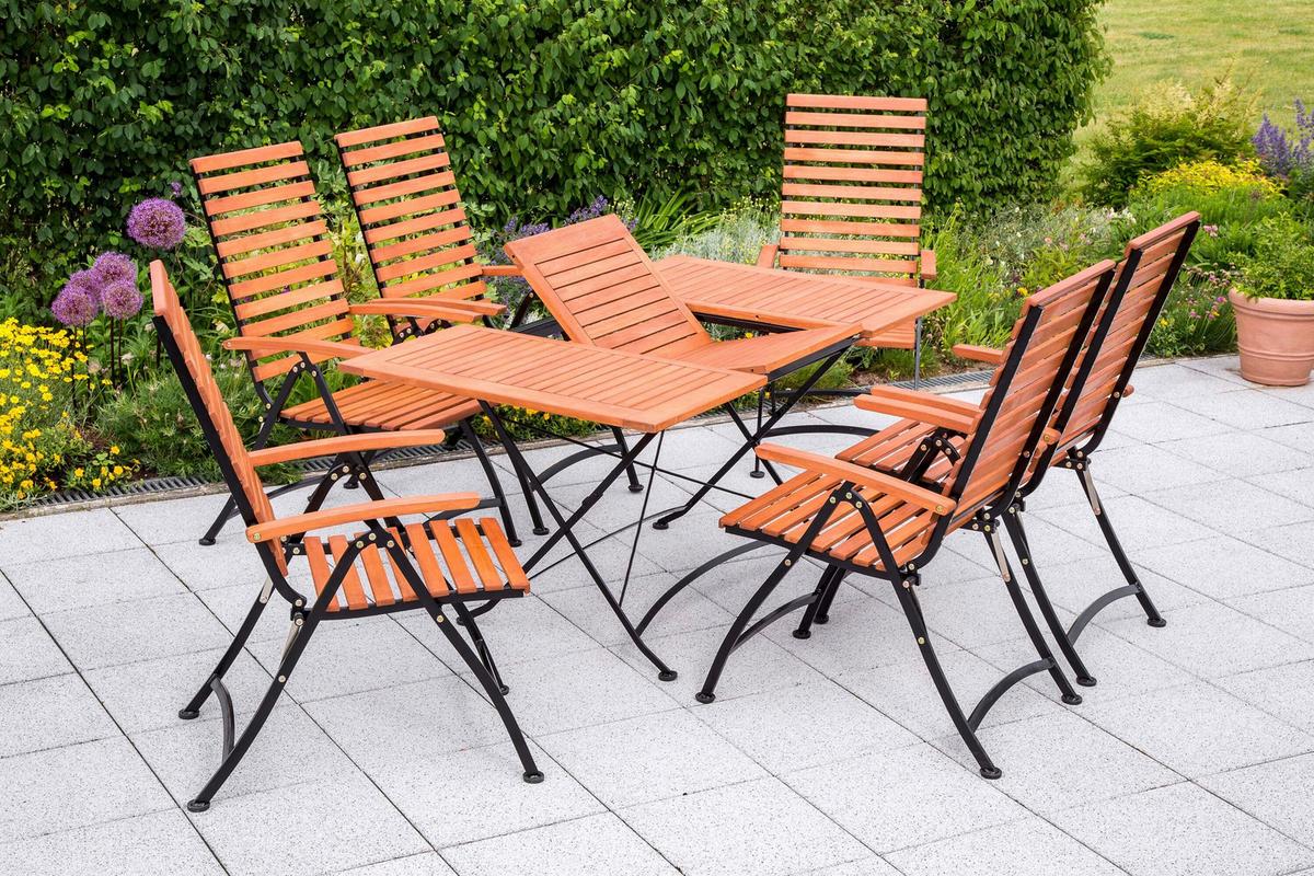 Gartentischgruppe 7tlg. Set - Schwarz/Naturfarben, KONVENTIONELL, Holz/Metall - Gardenson