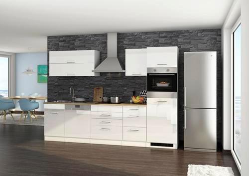 Küchenzeile Mailand mit Geräten 300 cm Weiß Elegant - Weiß Hochglanz/Eichefarben, MODERN, Holzwerkstoff (300cm) - Held