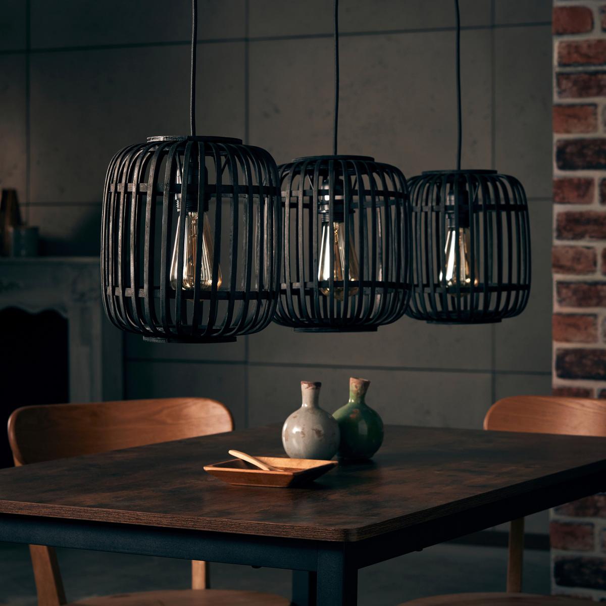 Hängeleuchte Woodrow H: 125 cm 3-Flammig,schirme In Käfigform - Dunkelbraun/Schwarz, Design, Holz/Metall (105/125/21,5cm) - Brilliant