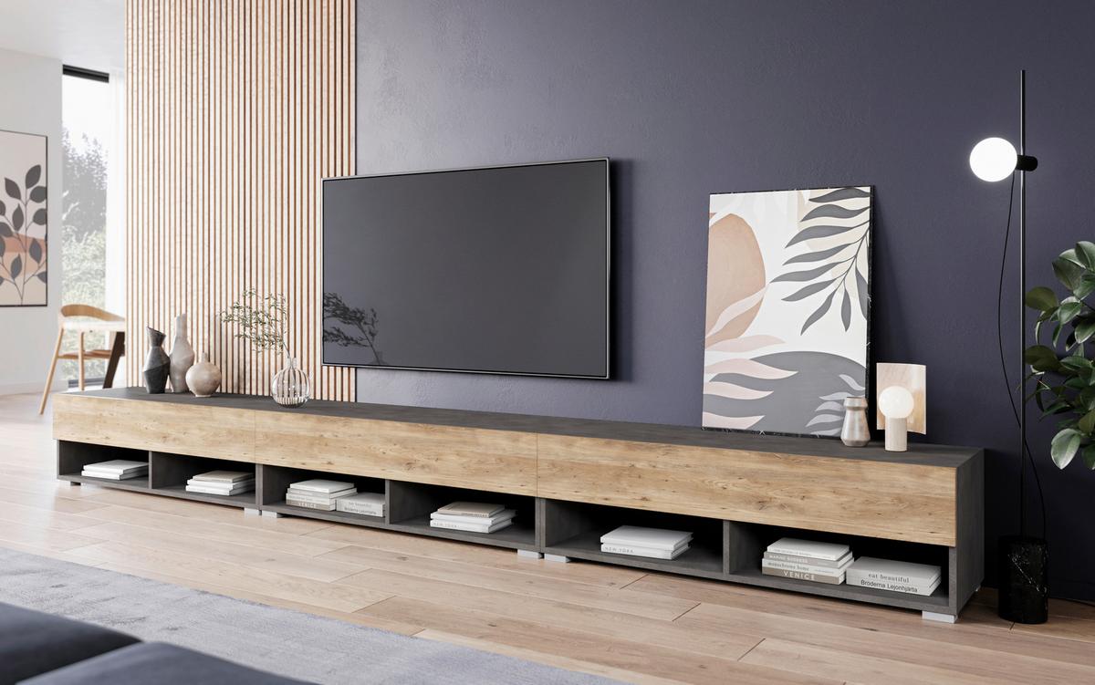 NÍZKÁ KOMODA LOWBOARD A300 - šedá/barvy kaštanu, Trend, kompozitní dřevo/plast (300cm)