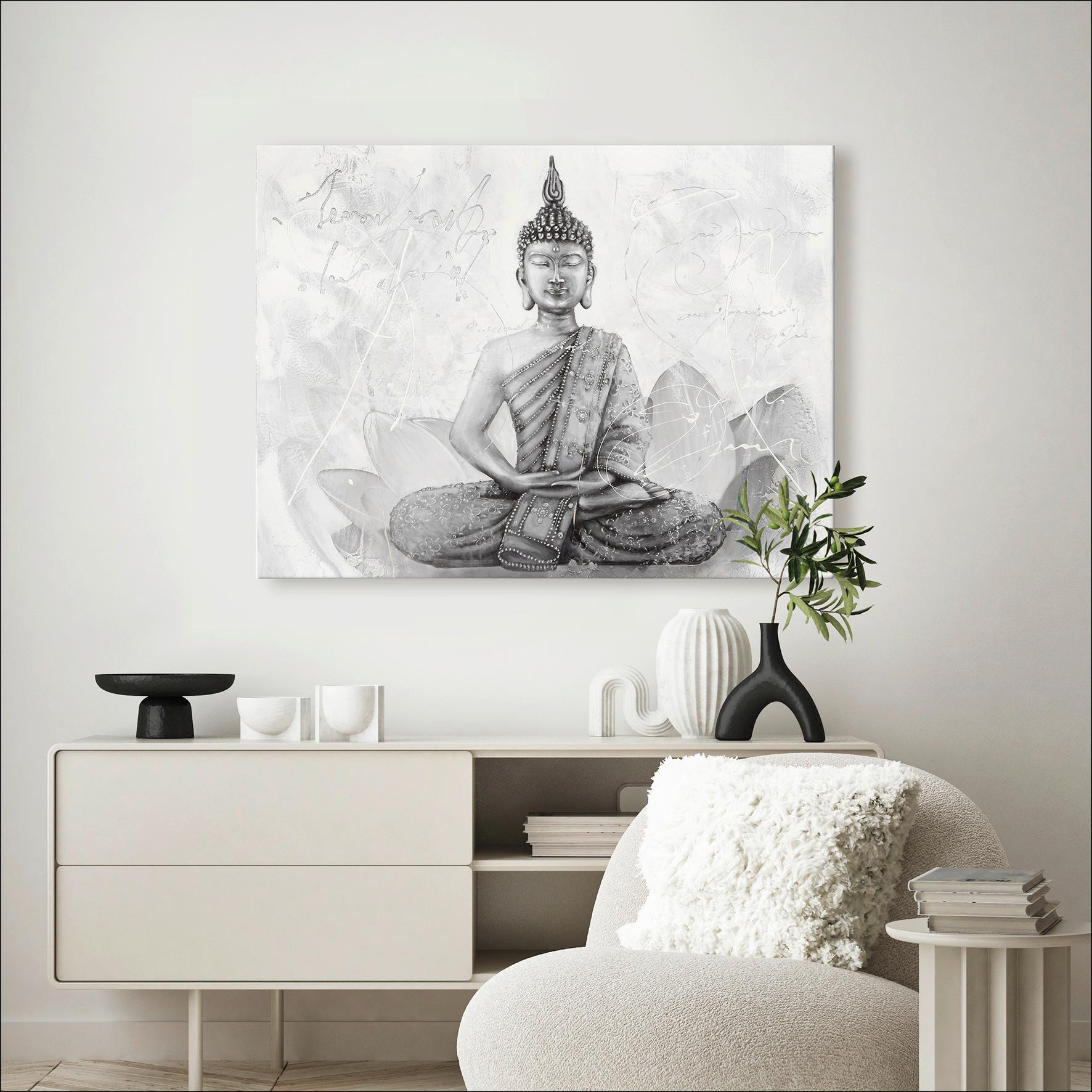 Leinwandbild Buddha Grey 116x84 Cm - Schwarz/Weiß, KONVENTIONELL, Holz (84/116cm)