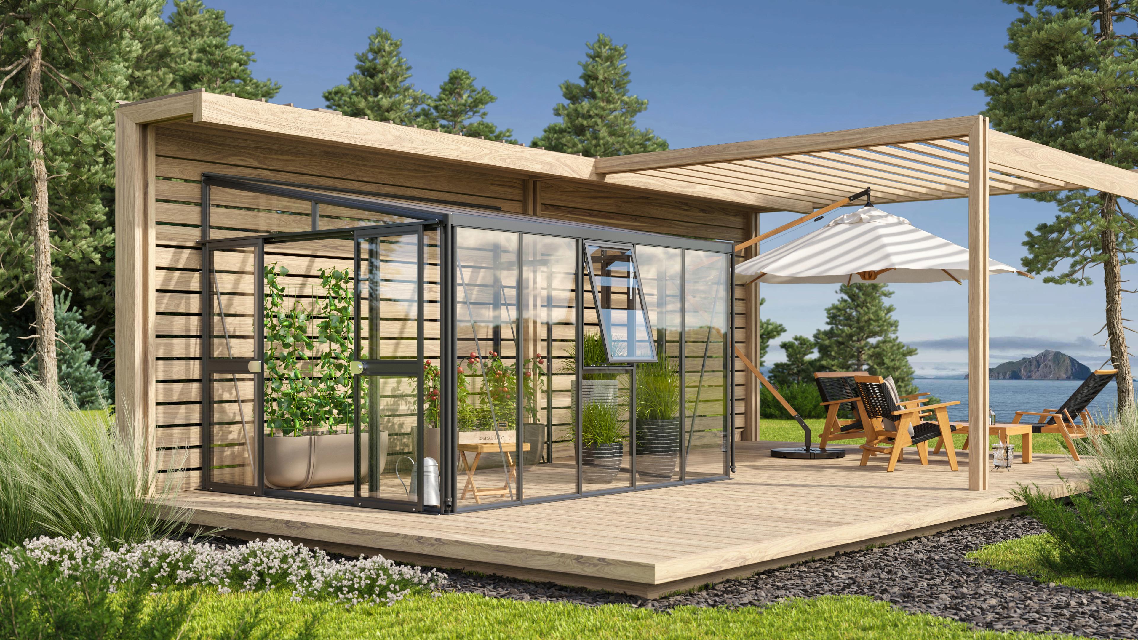 Anlehngewächshaus mit Doppelschiebetür und Aluminiumrahmen