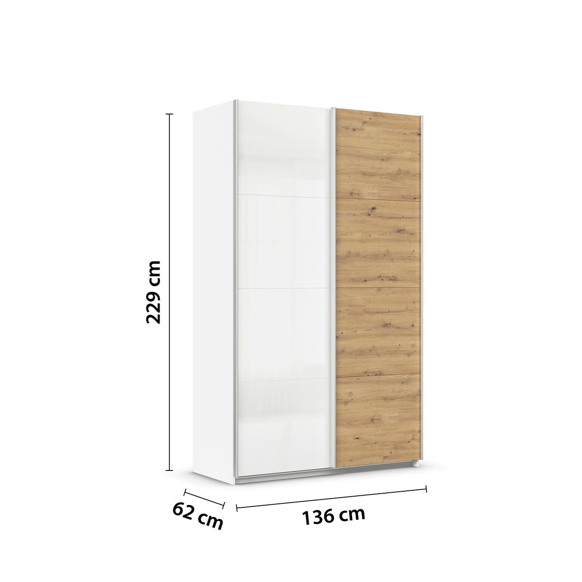Schwebetürenschrank Feldkirch 136 Maxihöhe - Weiß Hochglanz/Eiche Artisan, MODERN, Holzwerkstoff (136/229/62cm)