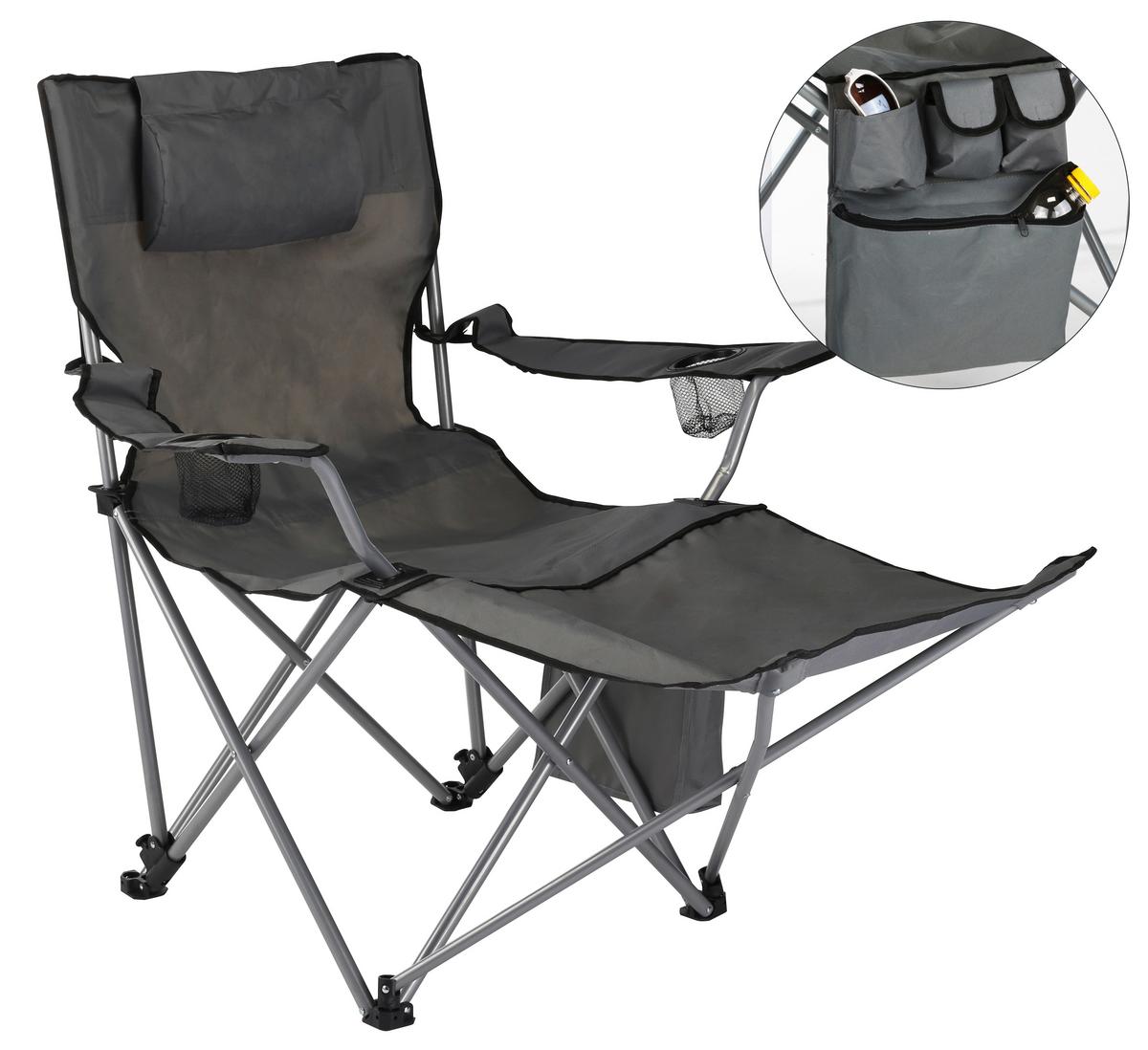 Campingstuhl Klappbar Mit Getränkehalter Und Staufächern - Grau, Basics, Textil/Metall (60/88/118cm)
