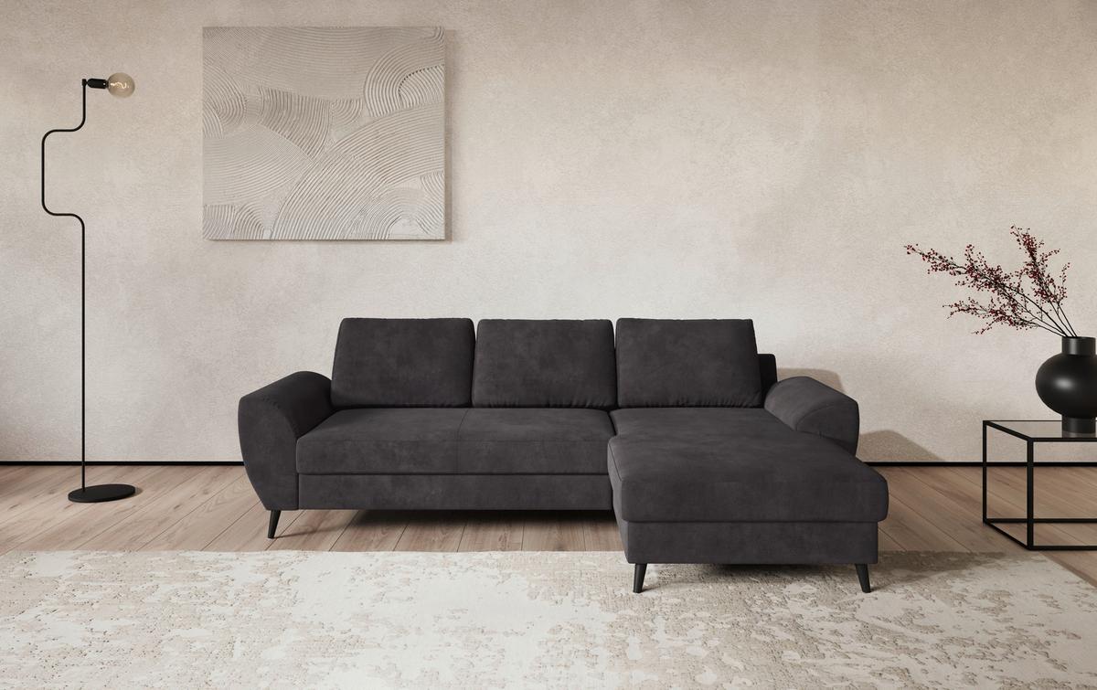 Ecksofa mit Bettfunktion Terra Chenille schwarz, B: 255cm - Schwarz, Trend, Textil (255/154cm) - MID.YOU