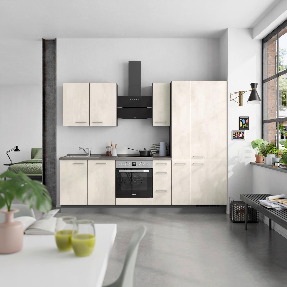 Kuchynská linka 270CM biely betón/ bridlicová šedá - biela/farba ušľachtilej ocele, Modern, kov/kompozitné drevo (270cm) - Nobilia