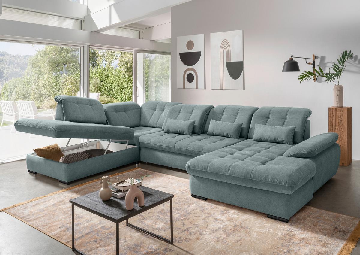 Wohnlandschaft mit Bettkasten Rigatti Blau B: 387 cm - Blau/Schwarz, MODERN, Textil (252/387/184cm) - Livetastic