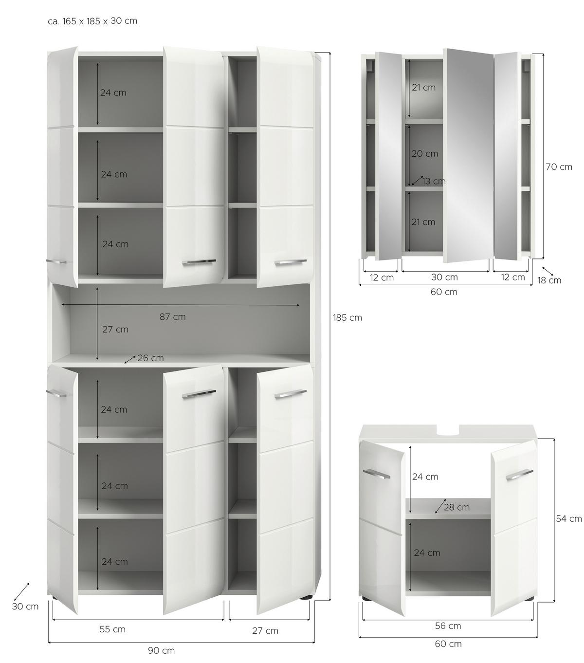 Badezimmer Ice Weiß/Weiß Hg B: 150 cm - Weiß Hochglanz/Schwarz, MODERN, Holzwerkstoff (150/185/30cm) - MID.YOU