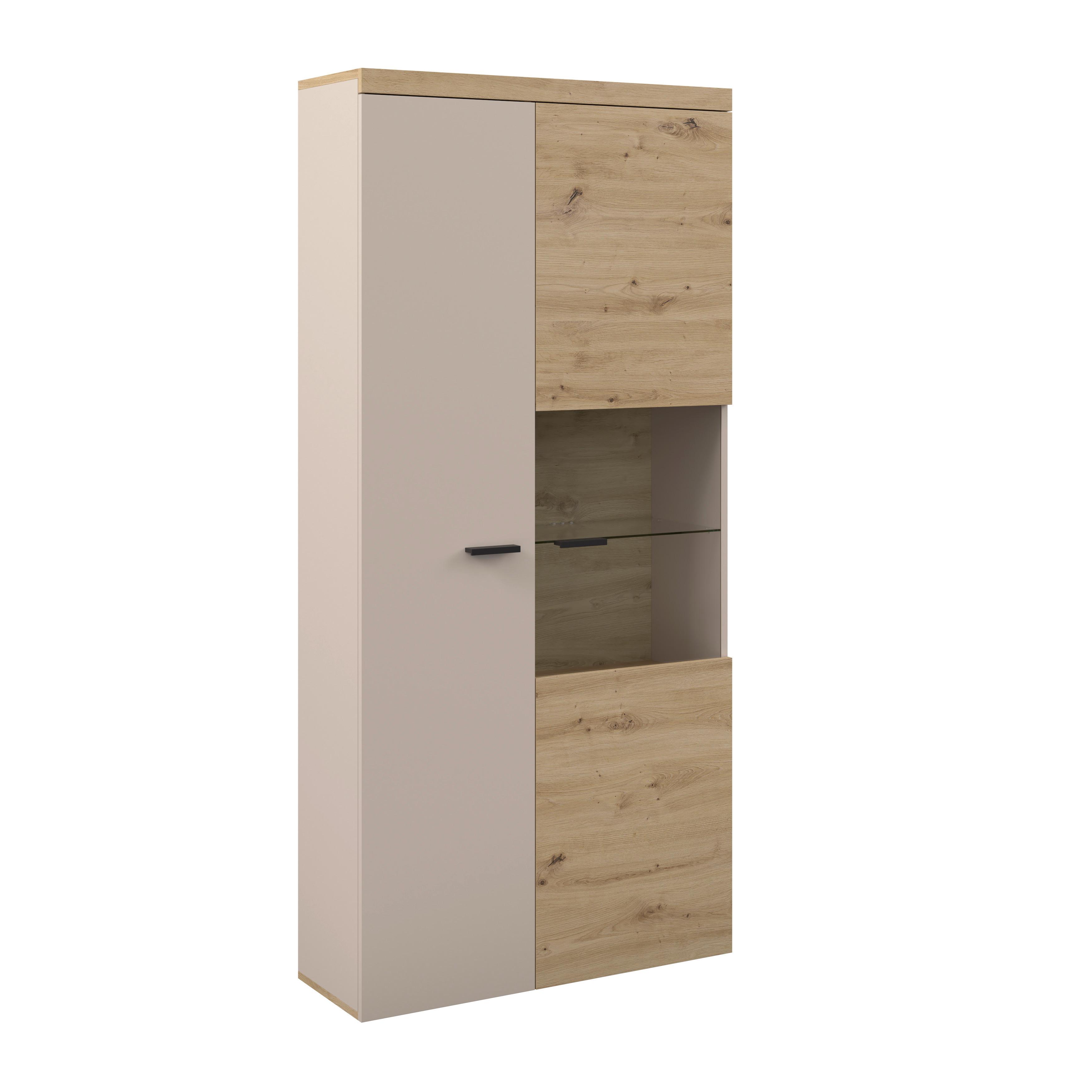 Vitrin Strada Giga *top Ár* - kasmírszínű/Artisan tölgy, Trend, faalapú anyag/üveg (91/193/32cm) - Best Price