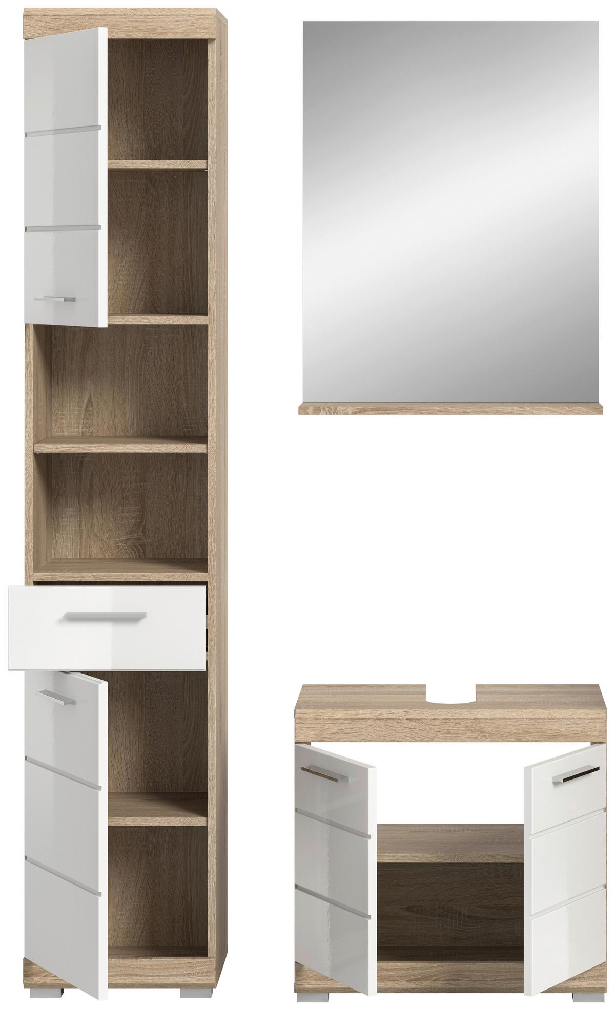 Badezimmer Lambada Eiche Dekor/weiß B: 97 Cm - Weiß Hochglanz/Silberfarben, MODERN, Glas/Holzwerkstoff (97cm) - MID.YOU