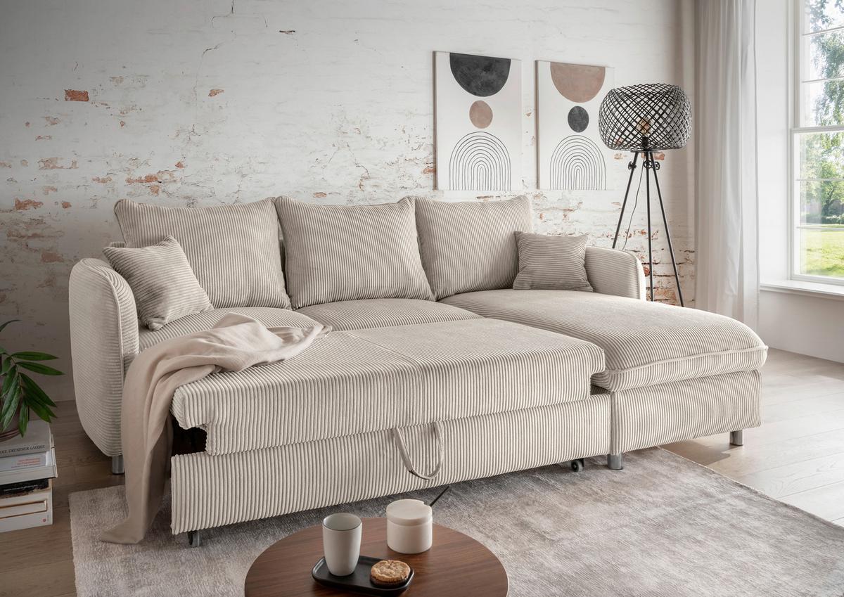 Eckschlafsofa Lauritio, Beige S: 254x160 cm - Chromfarben/Beige, MODERN, Textil (254/160cm) - Livetastic